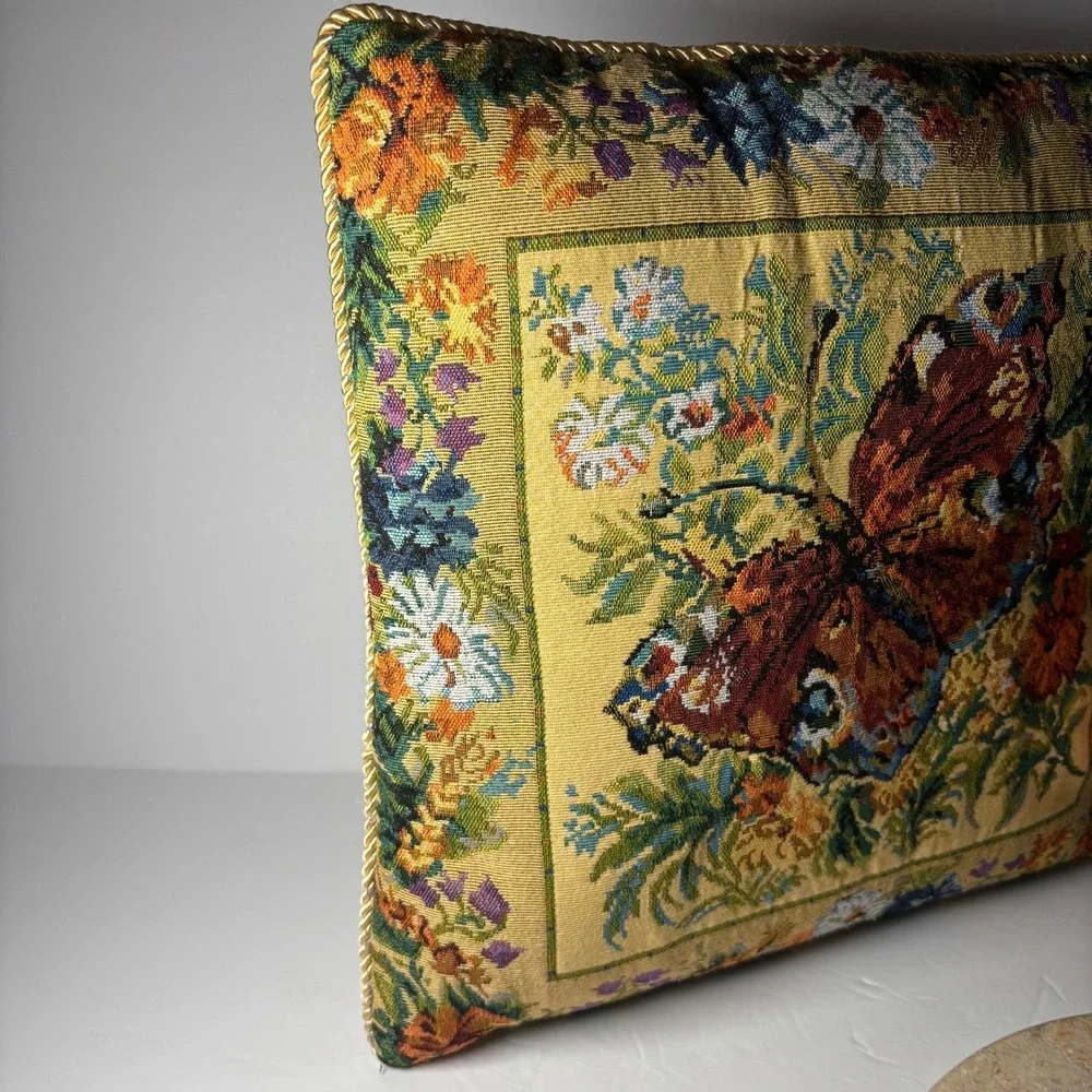 Floral Butterfly/ Dragonfly Tapestry Square Pillow Roped Gold Lining Embroidered